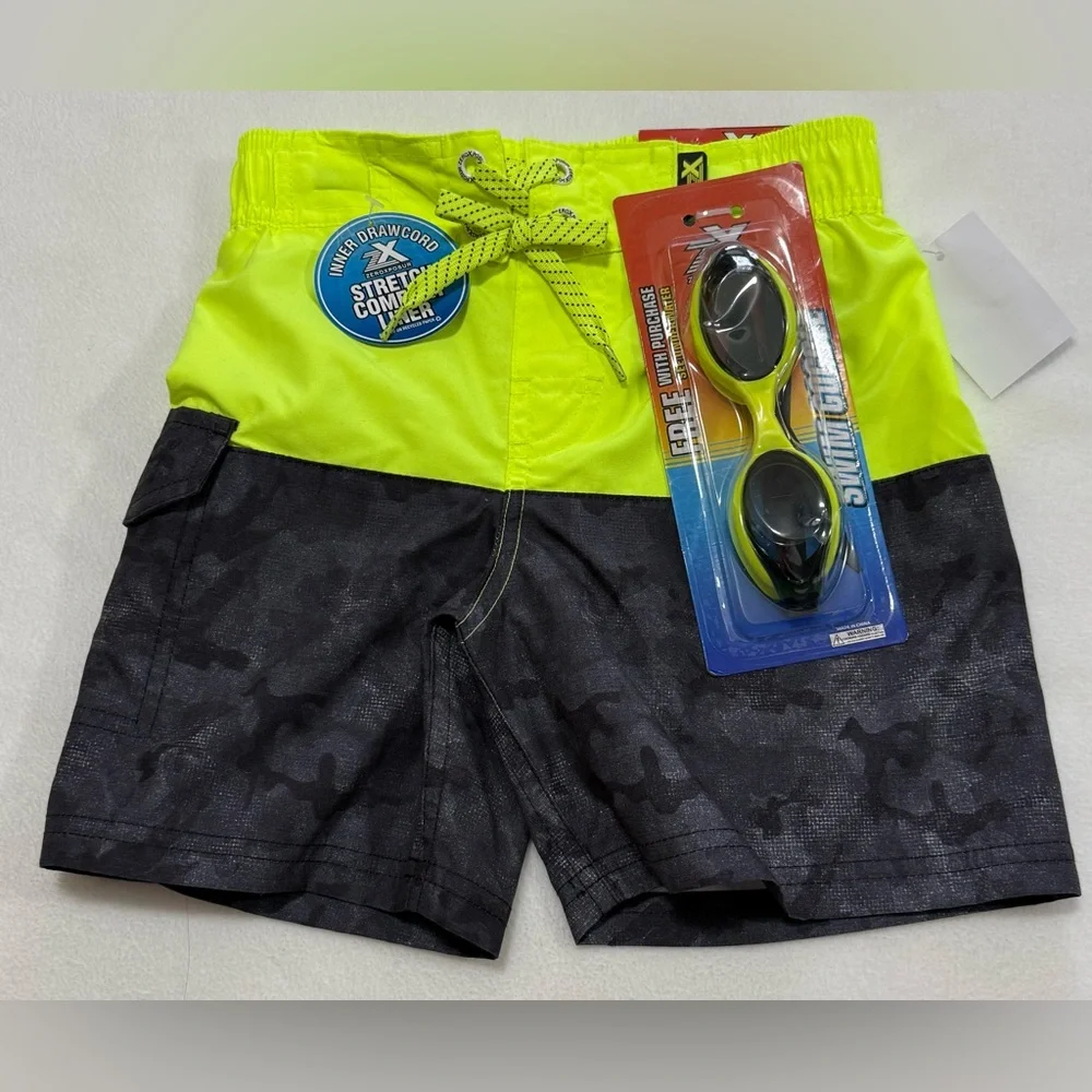 ZeroXposur Boys XXS-4/5 Neon Yellow and Black Swim Trunks With Swim Goggle NWT